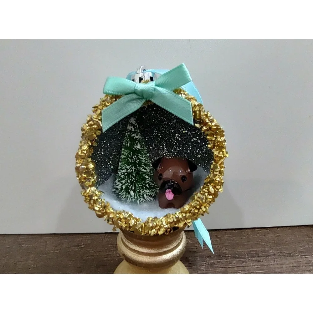 Dog Christmas Ornament Handmade Vtg Style OOAK Shatterproof Puppy Diorama O7